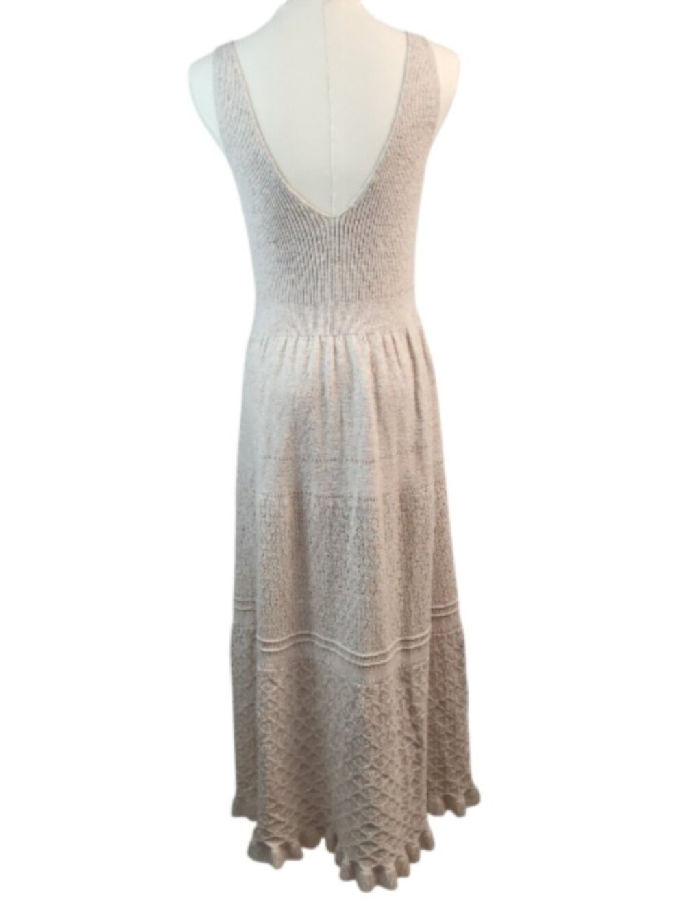 La Vie Medium Beige Cotton Knit Midi Dress RTR Ribbed Bodice Scallop Hem Party - Picture 6 of 15
